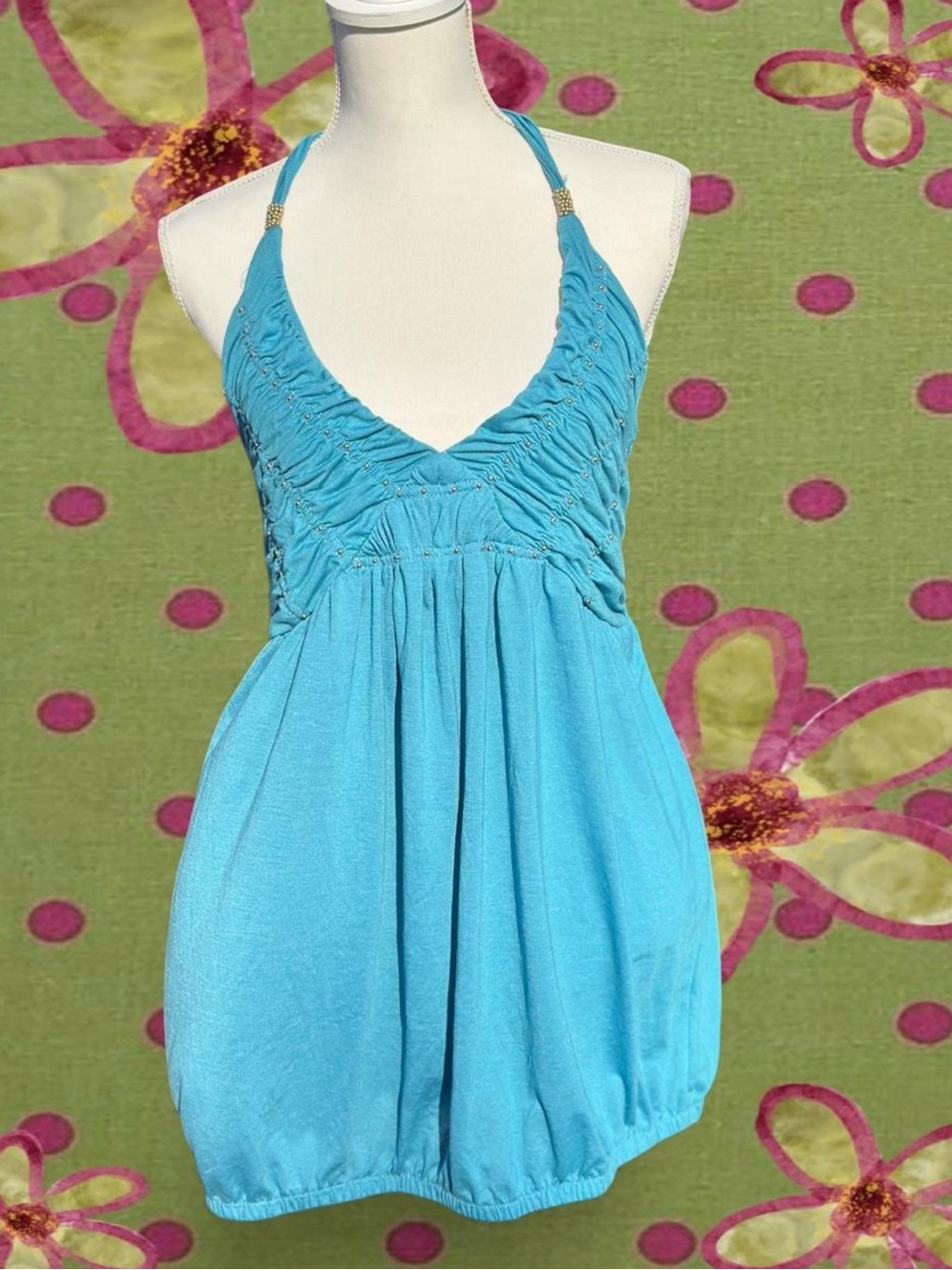 Halter Ruched Babydoll Tank Top - Blue - Picture 4 of 6